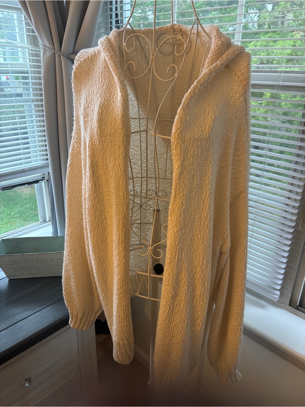 aerie Cream Hooded Open-Front Knit Cardigan